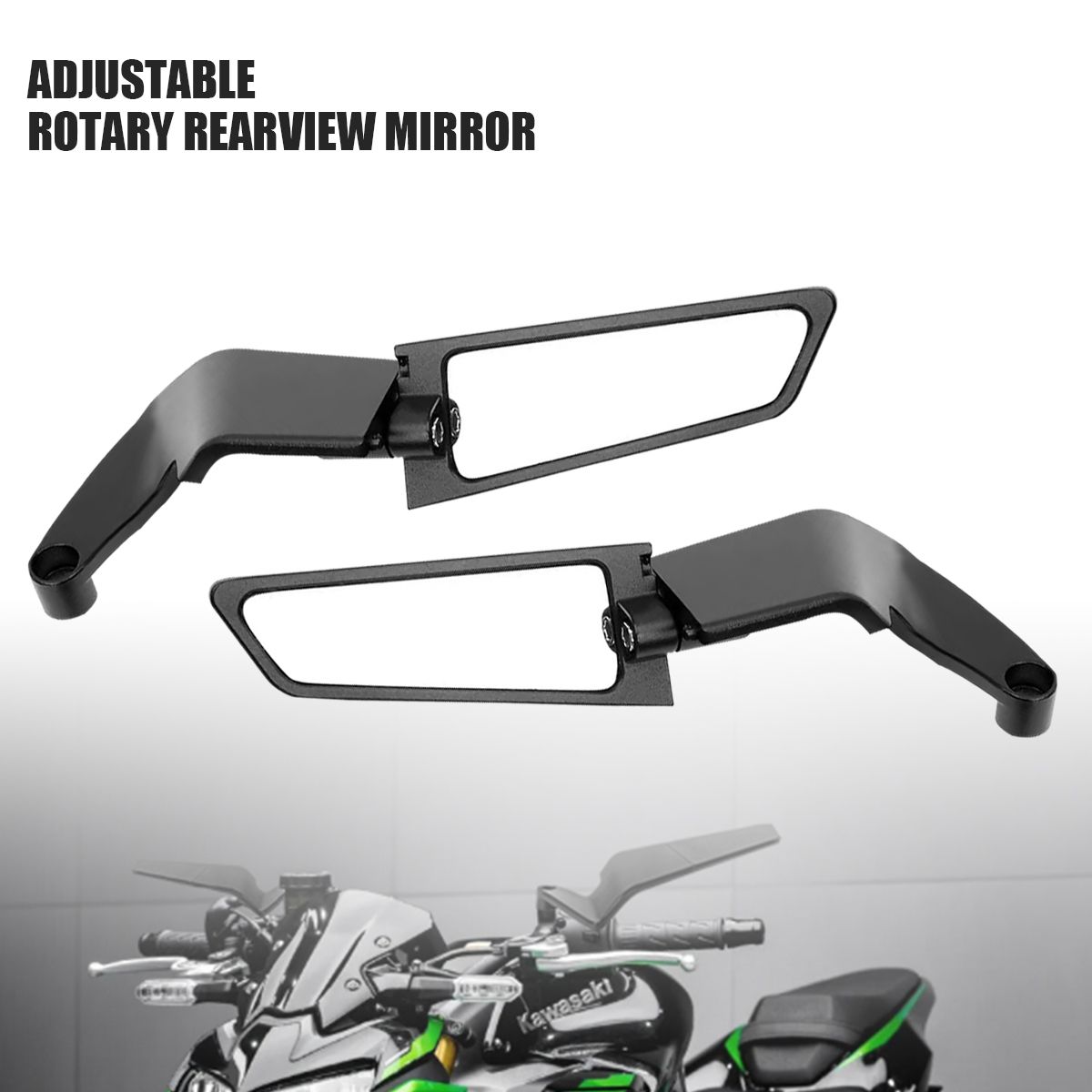 Kawasaki Universal Aerodynamic Rotary Adjustable Mirrors Motorcycle Wind Wing Side Rear view Mirrors Metal Body Black Rotate able